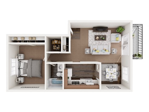 A top-down view of a small apartment with a kitchen, living room, and bedroom.